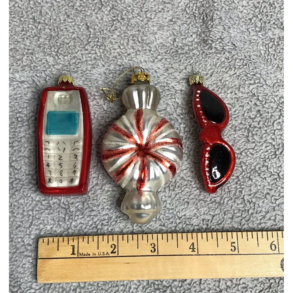 Busy Girl Blown Glass Christmas Ornaments Set of 3 Cell Phone Sunglasses‎